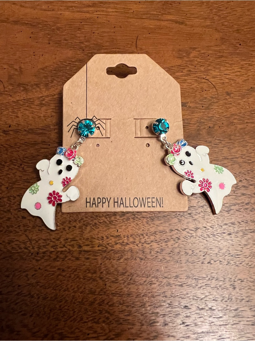 White Ghost Flower Drop Earrings with Teal Stud NWT - Picture 2 of 3